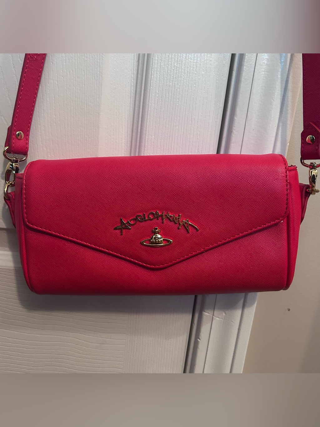 Vivienne Westwood Anglomania Crossbody Red 3 Way Purse Orb Logo Saffiano Leather